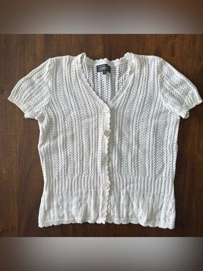 Elementz White Open Knit Crochet Cardigan V Neck Sweater Boho Layering Small